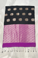 Black Soft Silk Saree with Contrast Purple Border and Gold Zari Floral Buttas