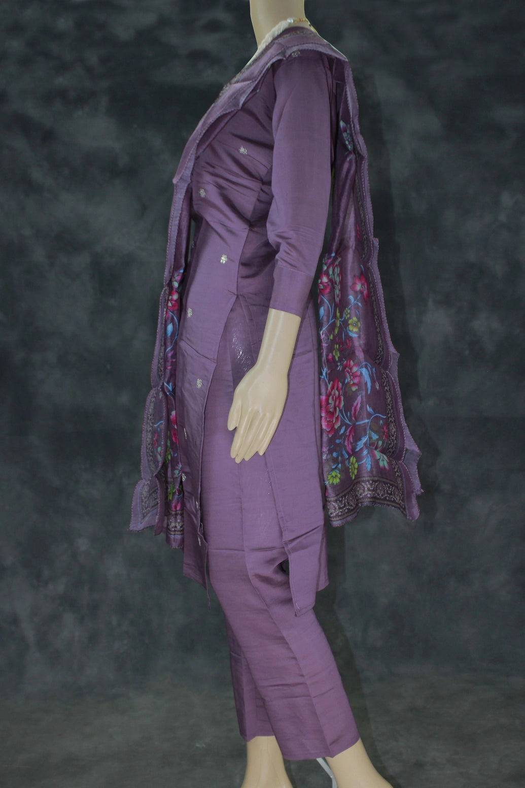 Purple Roman Silk 3-Piece Embroidered Kurti Set with Bead Handwork, Elastic Pants & Digital Dupatta Kurti JCS Fashions