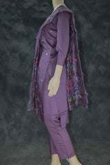 Purple Roman Silk 3-Piece Embroidered Kurti Set with Bead Handwork, Elastic Pants & Digital Dupatta Kurti JCS Fashions