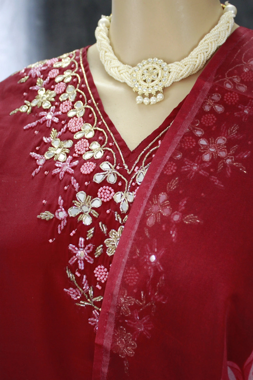 Maroon Silk 3-Piece Salwar Suit - Aari, Mirror & Pearl Embroidery with Organza Printed Dupatta