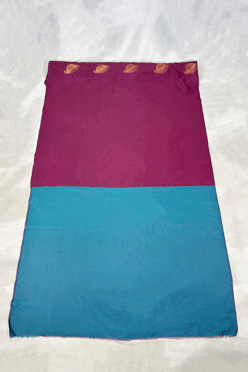 Wine Korvai Soft Silk Saree with Delicate Gold Zari Buttas and Floral Border, With Contrast Blue Blouse Piece