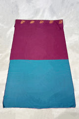 Wine Korvai Soft Silk Saree with Delicate Gold Zari Buttas and Floral Border, With Contrast Blue Blouse Piece