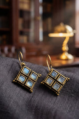 Aqua Blue Stone Gold-Tone Hook Earrings, Square Cluster Style for Women, Fashion Jewellery