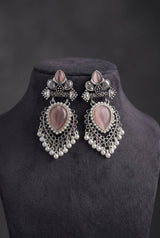 Oxidized Silver-Tone Teardrop Stone & Pearl Drop Earrings in Onion Pink