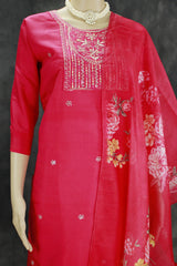 Beautiful Dark Pink Roman Silk 3 Piece Set with Embroidery