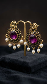 Purple Stone & Pearl Drop Antique Gold-Tone Statement Earrings for Women, 1.5 inch