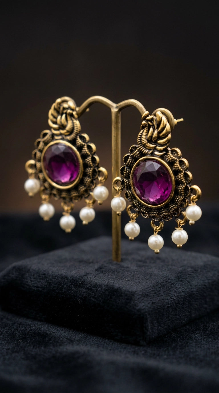 Purple Stone & Pearl Drop Antique Gold-Tone Statement Earrings for Women, 1.5 inch