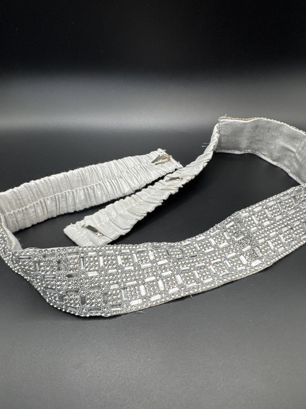 Silver Crystal-Embellished Hip Belt with Elastic Backing and Multi-Hook Closure — Ethnic Waistband for Saree Jewelry JCS Fashions