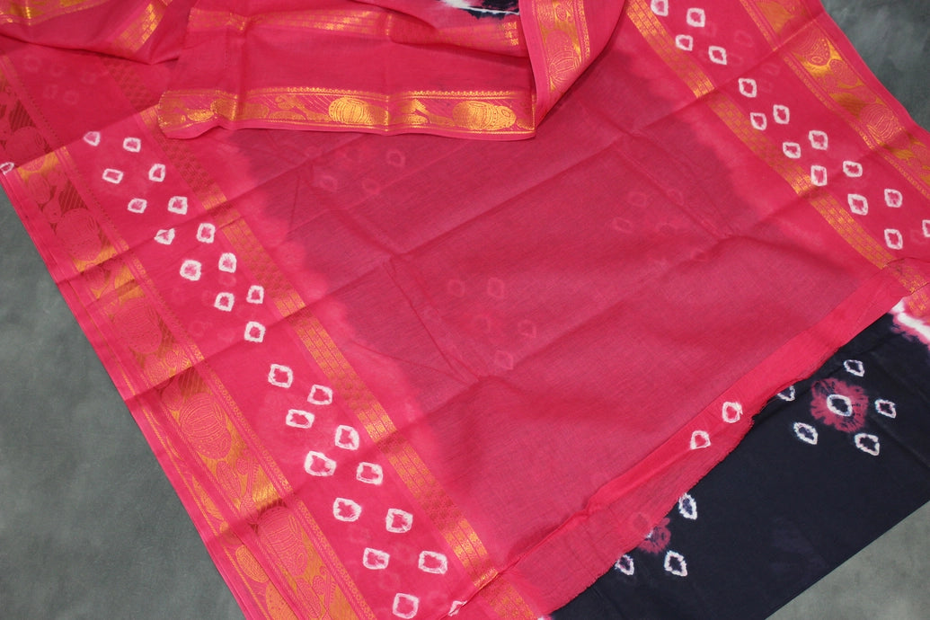 Navy Blue & Pink Sungudi Cotton Bandhani Saree with Golden Zari Border and Instrument Motifs Saree JCS Fashions
