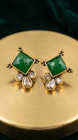 Green Emerald Square Stone Stud Earrings with Gold-Tone Ethnic Drop Crystals for Women