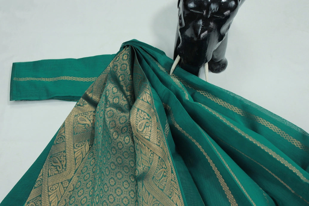 Green Silk Cotton Saree with Zari Border and Running Blouse