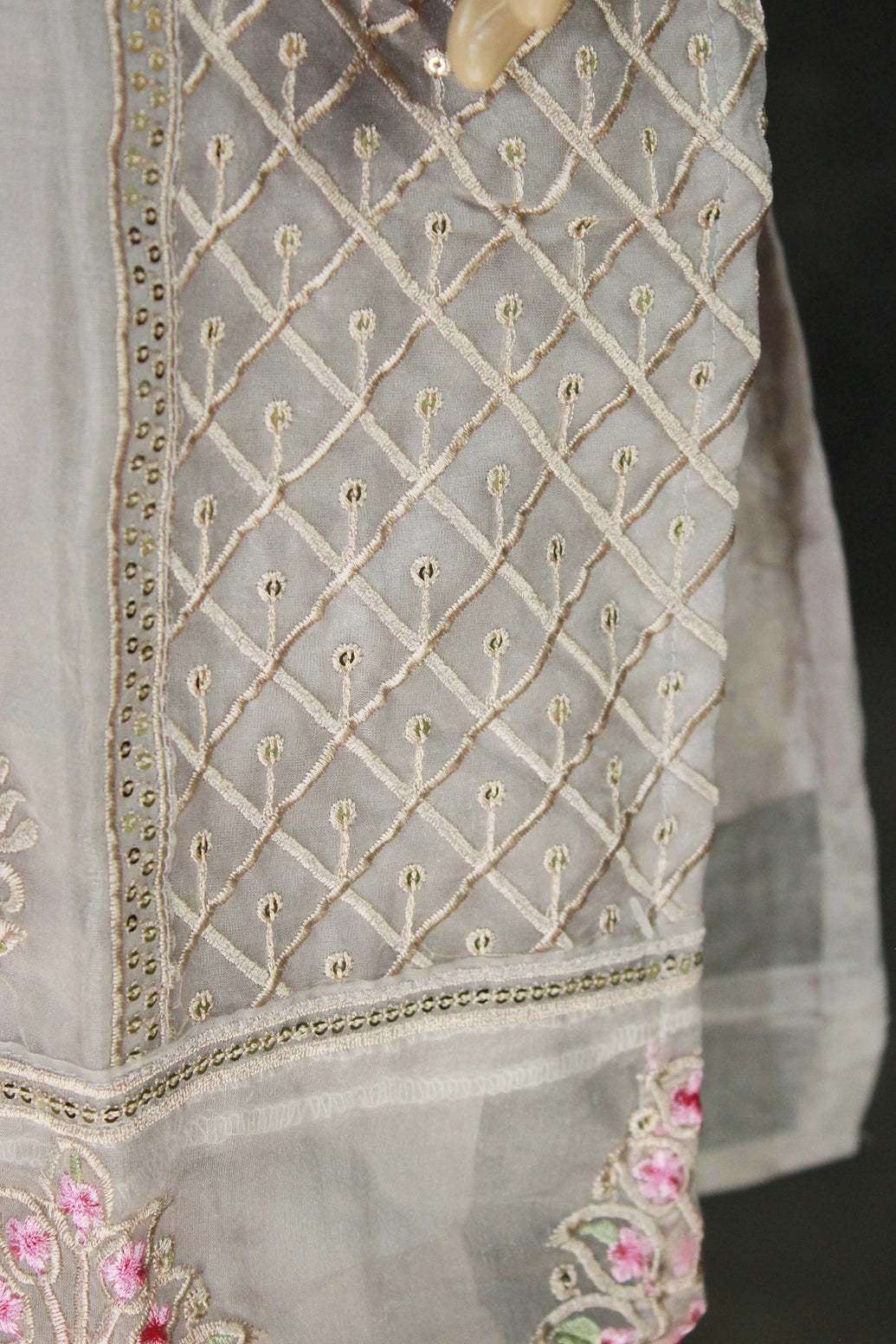 Light Grey Organza Kurti with Pink Khatli Work & Border Dupatta, Roman Silk Bottom 3-Piece Salwar Set