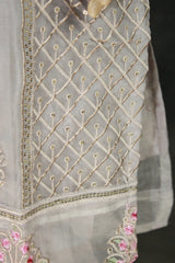 Light Grey Organza Kurti with Pink Khatli Work & Border Dupatta, Roman Silk Bottom 3-Piece Salwar Set
