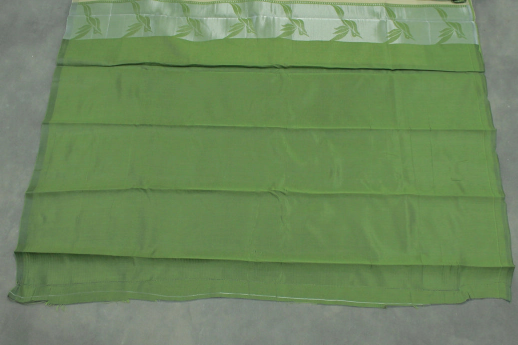 Beige & Green Kubera Silk Pattu Saree with Zari Border and Bird Design Blouse