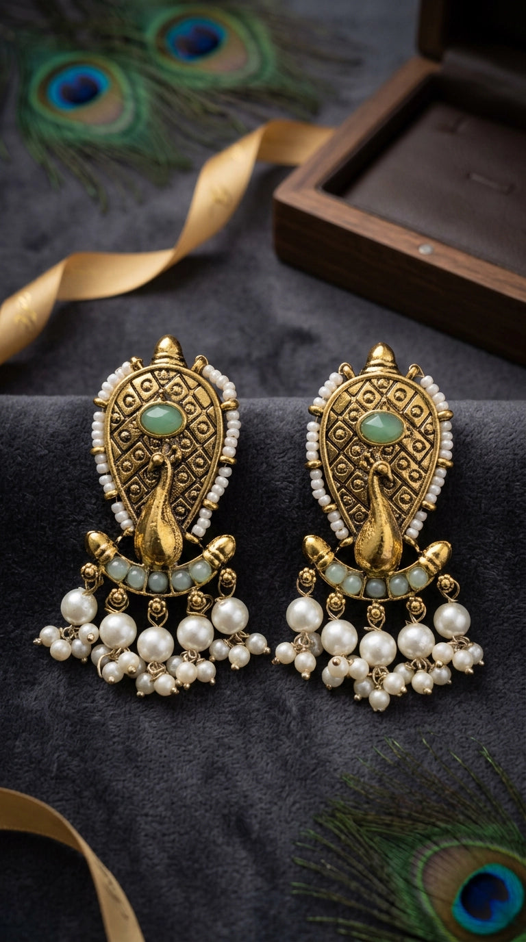 Mint Green & Antique Gold Traditional Pearl Drop Earrings for Women, Oval Stone with Beads