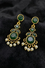 Green Stone & Pearl Drop Gold-Tone Statement Earrings for Women | Ethnic Dangle Chandbali Style