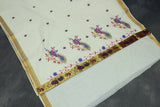 Pure Kerala Cotton White Saree with Embroidered Peacock Pallu and Gold Zari Border