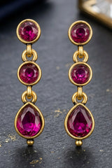 Purple Stone Teardrop Dangle Gold-Tone Fashion Earrings, Oval Stones Triple Drop Party Wear