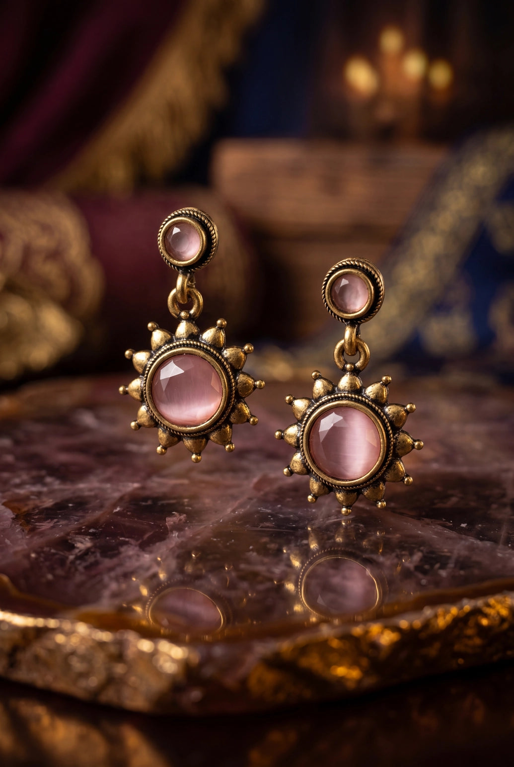 Pink Gold-Tone Antique Style Sunflower Drop Fashion Earrings for Women