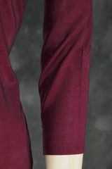 Dark Purple Roman Silk 3-Piece Kurti Set with Embroidered Neck, Elastic Pant & Chiffon Dupatta