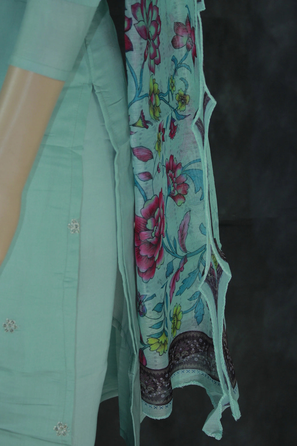 Sea Green Roman Silk 3-Piece Kurti Set with Bead Handwork and Embroidered Yoke, Printed Dupatta Kurti JCS Fashions