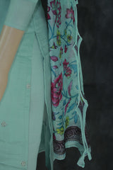 Sea Green Roman Silk 3-Piece Kurti Set with Bead Handwork and Embroidered Yoke, Printed Dupatta Kurti JCS Fashions