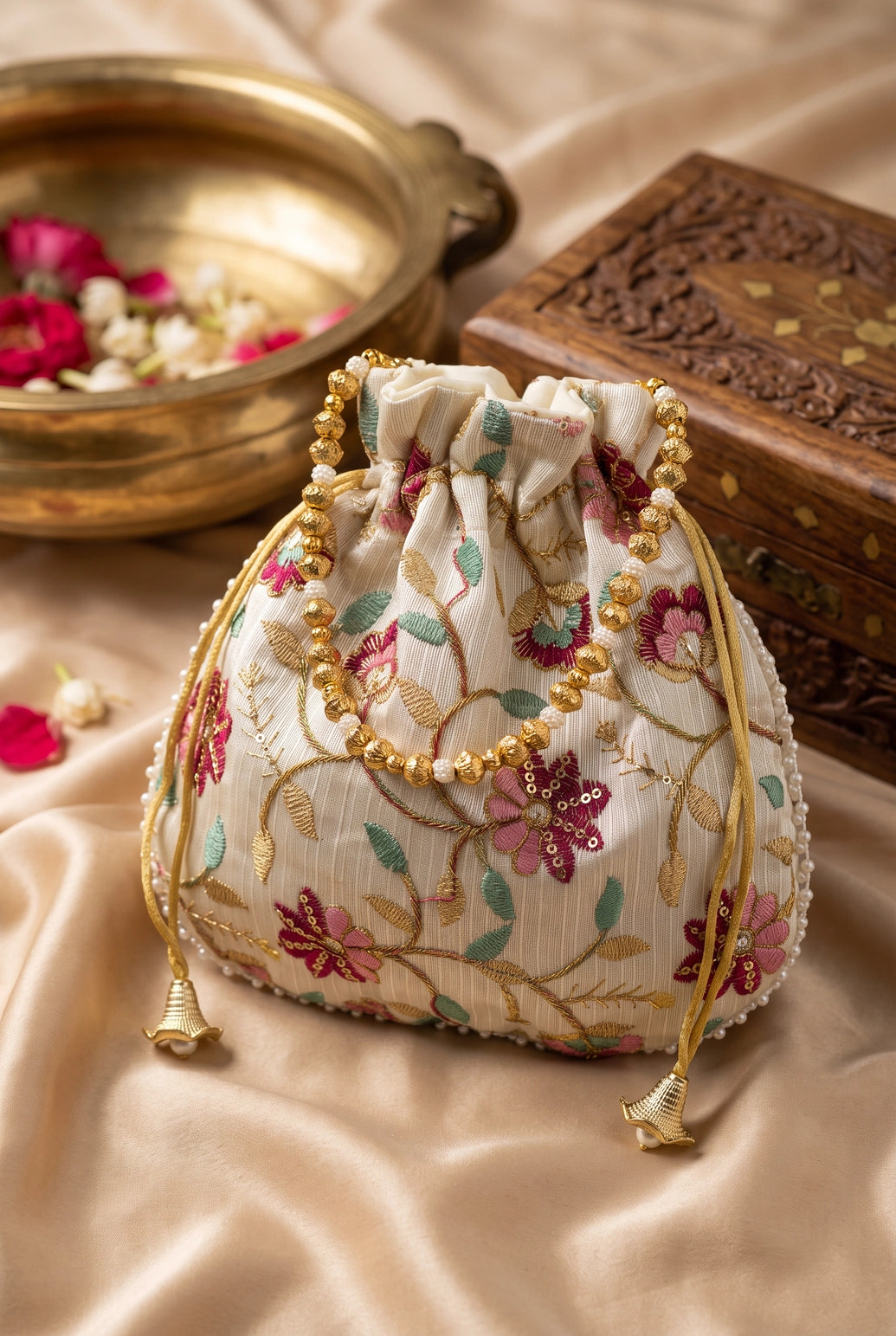 Cream Floral Embroidered Ethnic Potli Pouch with Pearl Bead Trim and Drawstring for Wedding Festive Gifting
