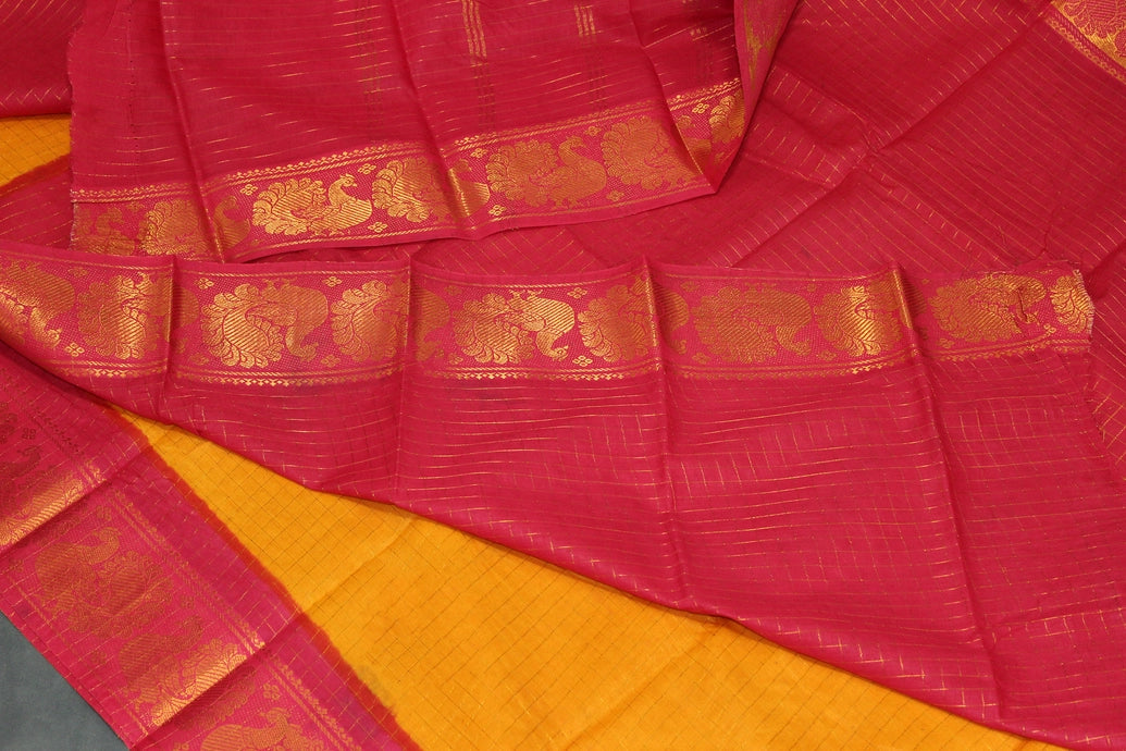 Sungudi Cotton Checked Saree in Yellow with Peacock Gold-Tone Zari Double Border Saree JCS Fashions