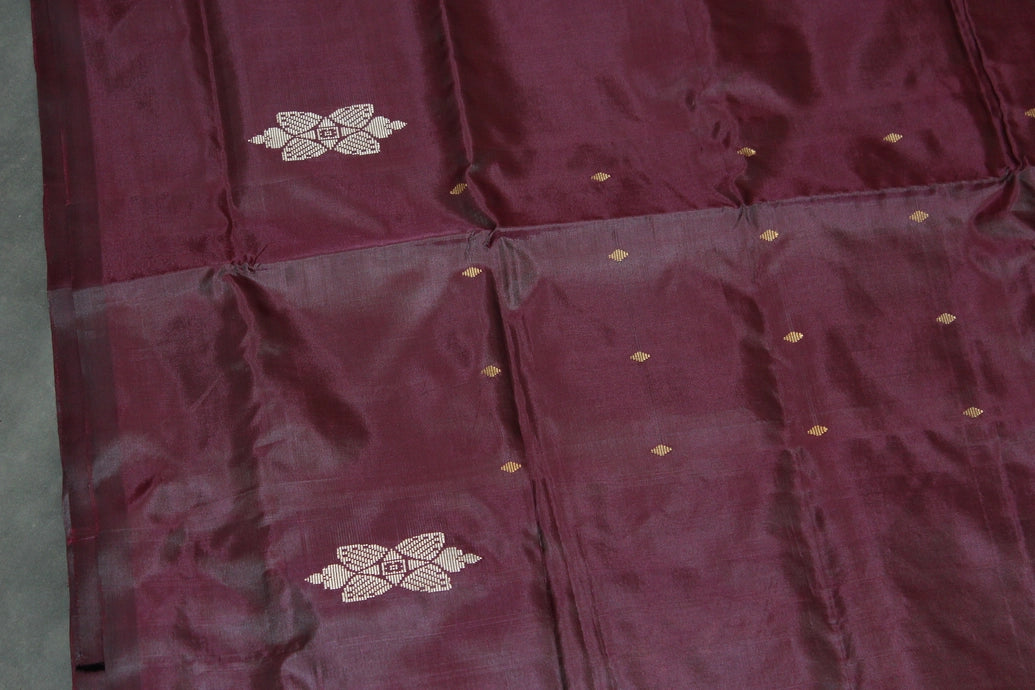 Vaazhai Naar (Banana Pith) Borderless Saree - Dark Purple Body with Fanta Orange Pallu, Small Butta