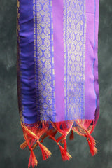 Violet Ponnadai Poly Silk Jacquard Temple Shawl with Zari Pattern and Tassels for Pooja, Weddings, Functions