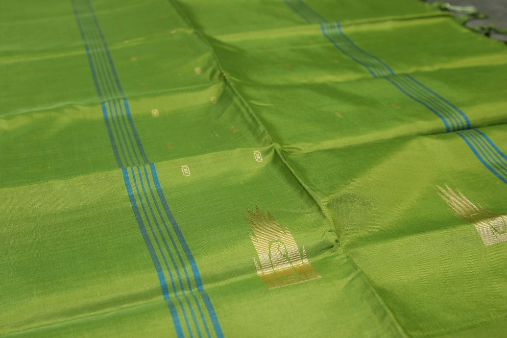 Green Vaazhai Naar (Banana Pith) Borderless Saree with Small Buttas and Blue Pallu