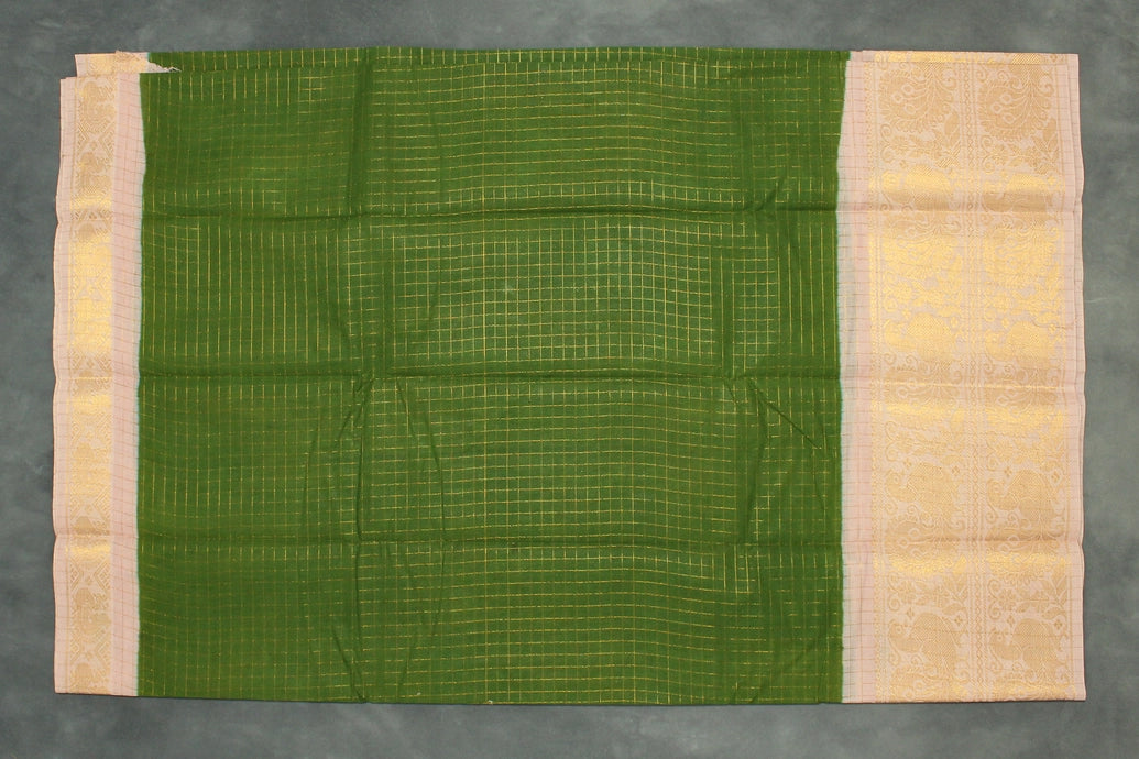 Mehendi Green Sungudi Cotton Saree with Checked Body and Peacock Gold Zari Double Border Saree JCS Fashions