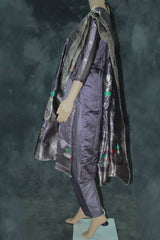 Purple Jacquard Beaded 3-Piece Kurti Set with Elastic Pant and Jacquard Dupatta for Women