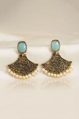 Mint Green Stone Gold-Tone Textured Dangler Earrings with Pearl Drops for Festive Party Wear