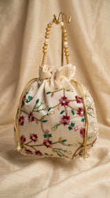 Floral Embroidered Cream Potli Pouch with Drawstring & Pearl Bead Trim for Wedding and Festive Gifting