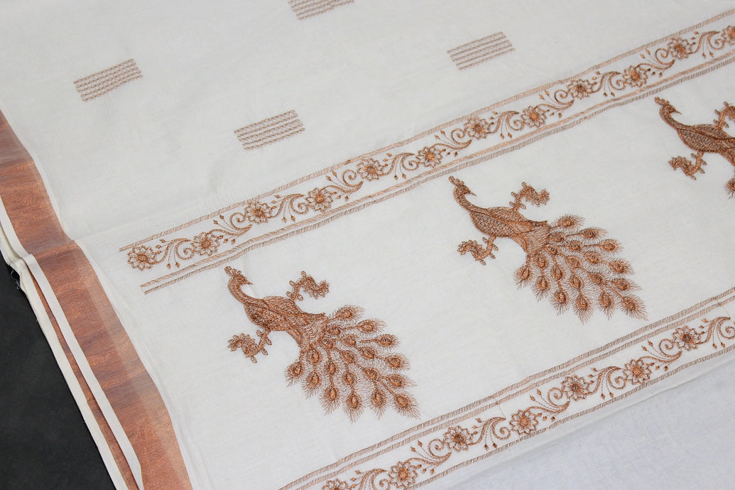 Pure Kerala Cotton White Saree with Copper Zari Peacock Embroidery