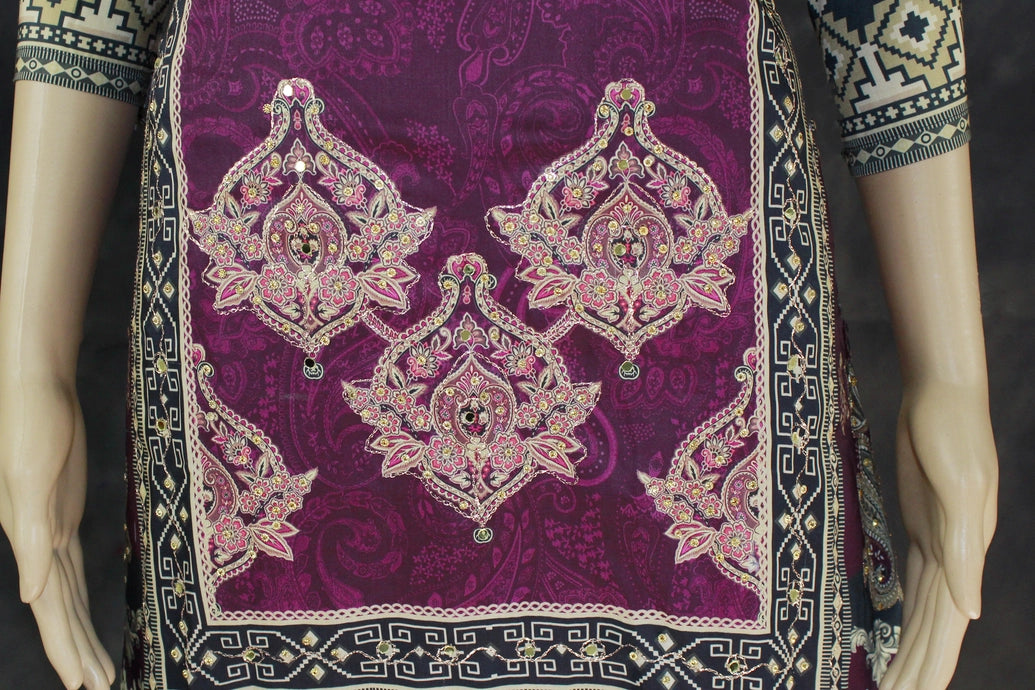 Purple Designer Crepe 3-Piece Salwar Set with Stone & Mirror Embroidery and Gold Coin Hangings