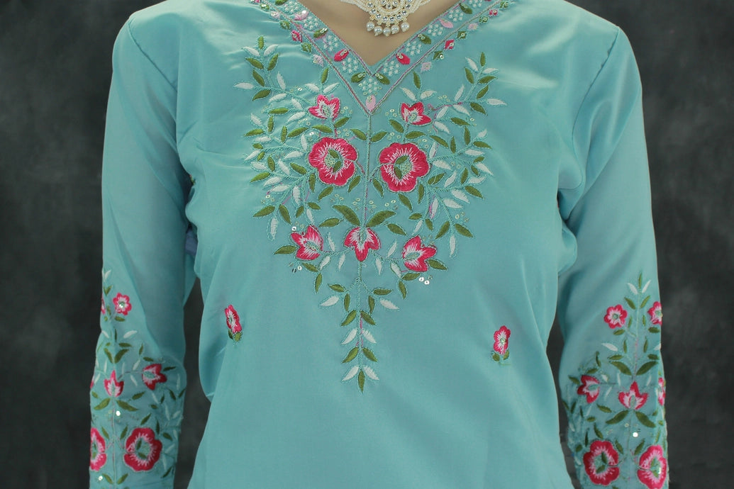 Pastel Blue Roman Silk 3-Piece Kurti Set with V Neck, Elastic Pant & Organza Zari Dupatta