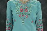 Pastel Blue Roman Silk 3-Piece Kurti Set with V Neck, Elastic Pant & Organza Zari Dupatta
