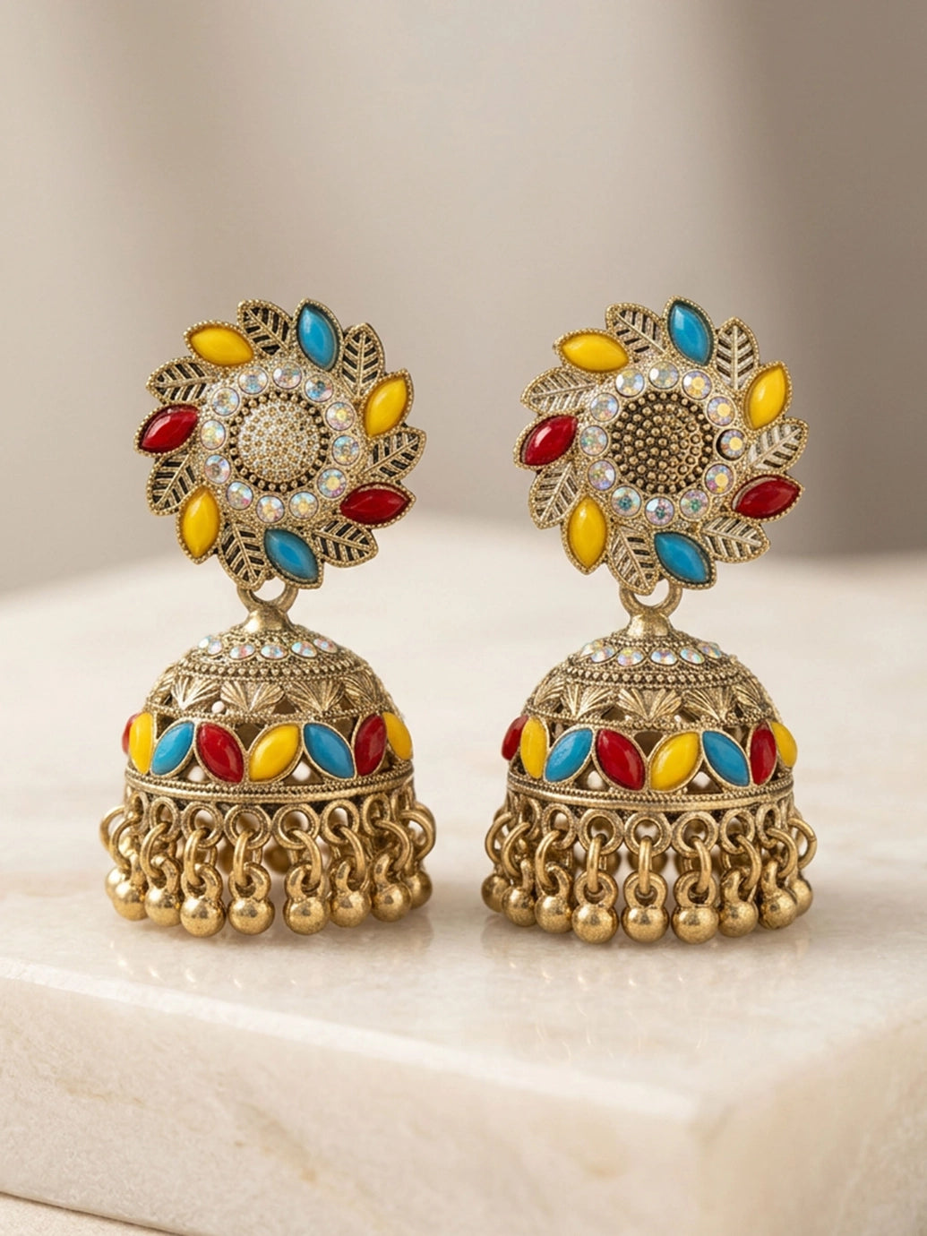 Silver Oxidized Multicolor Stone Jhumka Earrings with Stud Top and Dangler Beads