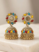 Silver Oxidized Multicolor Stone Jhumka Earrings with Stud Top and Dangler Beads