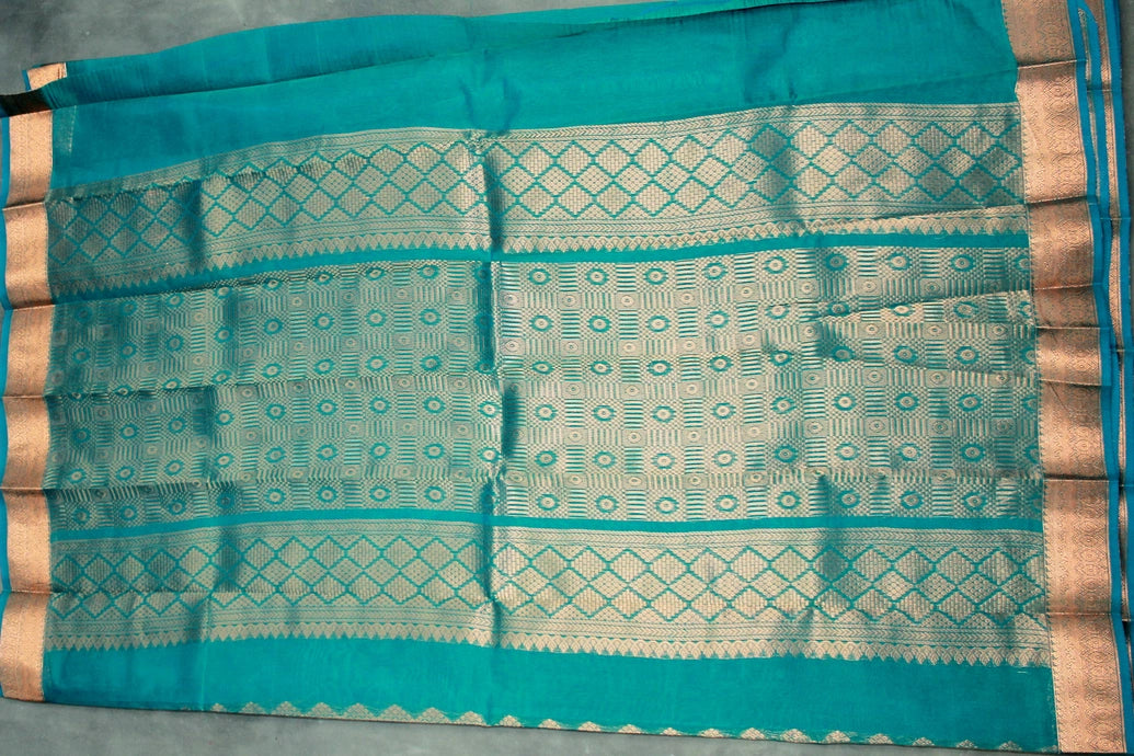 Teal Green Silk Cotton Saree with Beautiful Zari Border and Blouse Piece