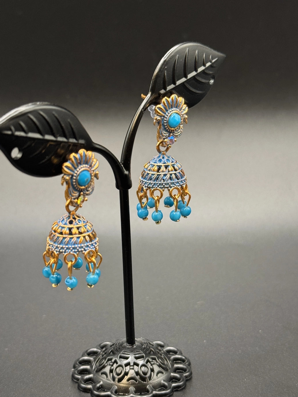 Antique Look Floral Jhumka Earrings - Gold-Tone Traditional Jhumkas in Maroon, Royal Blue, Light Blue, Pink & Green - Pair Jewelry JCS Fashions