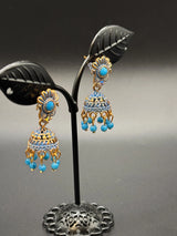 Antique Look Floral Jhumka Earrings - Gold-Tone Traditional Jhumkas in Maroon, Royal Blue, Light Blue, Pink & Green - Pair Jewelry JCS Fashions
