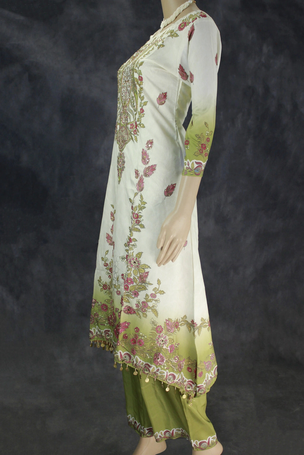 Cream Designer Crepe Salwar Set - 3-Piece Kurti with Stone & Mirror Work and Coin Hangings