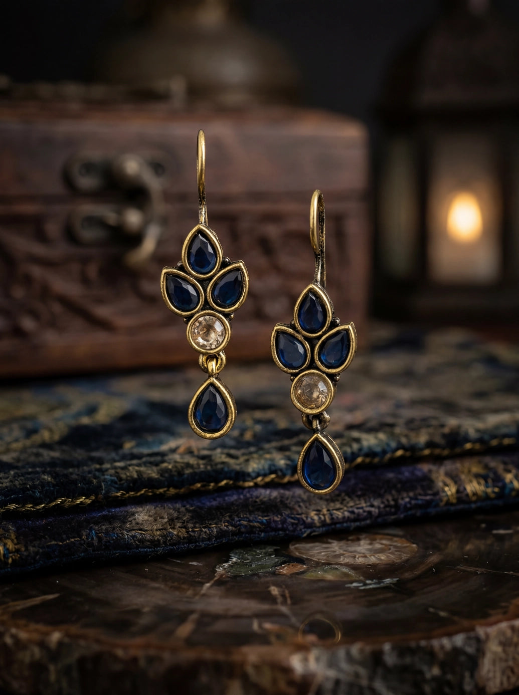 Dark Blue Floral Drop Gold-Tone Hook Earrings with Stone Detail for Women
