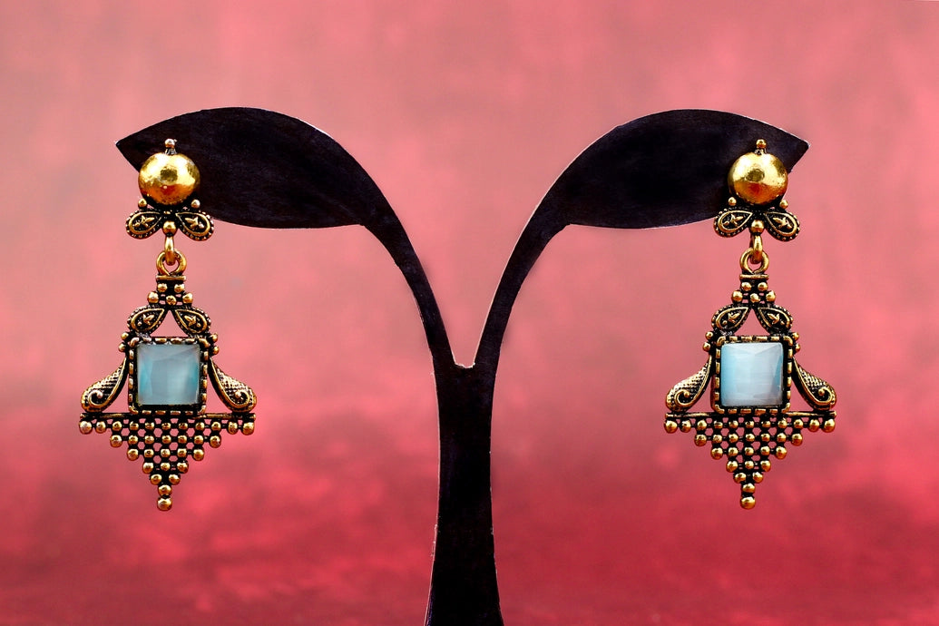 Sea Blue Stone Antique-Gold Dangling Earrings - Ornate Square Drop, 2.4 inch Jewelry JCS Fashions