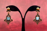 Sea Blue Stone Antique-Gold Dangling Earrings - Ornate Square Drop, 2.4 inch Jewelry JCS Fashions