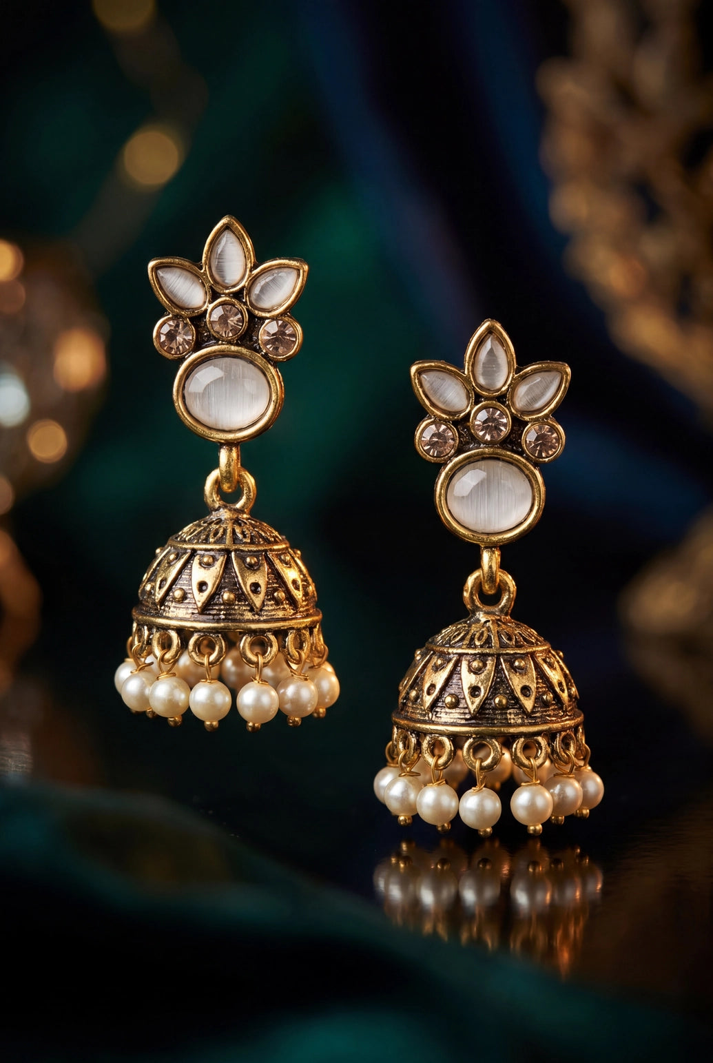 Floral Jhumka Earrings with Antique Gold-Tone Finish and Pearl Drop Dangles for Festive Wear