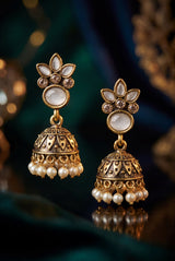Floral Jhumka Earrings with Antique Gold-Tone Finish and Pearl Drop Dangles for Festive Wear